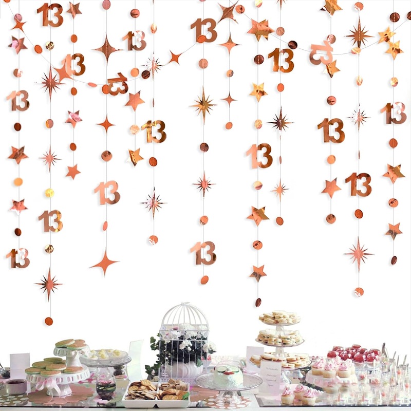 13th Birthday Rose Gold Circle Dot Garland with Twinkle Stars (46Ft)