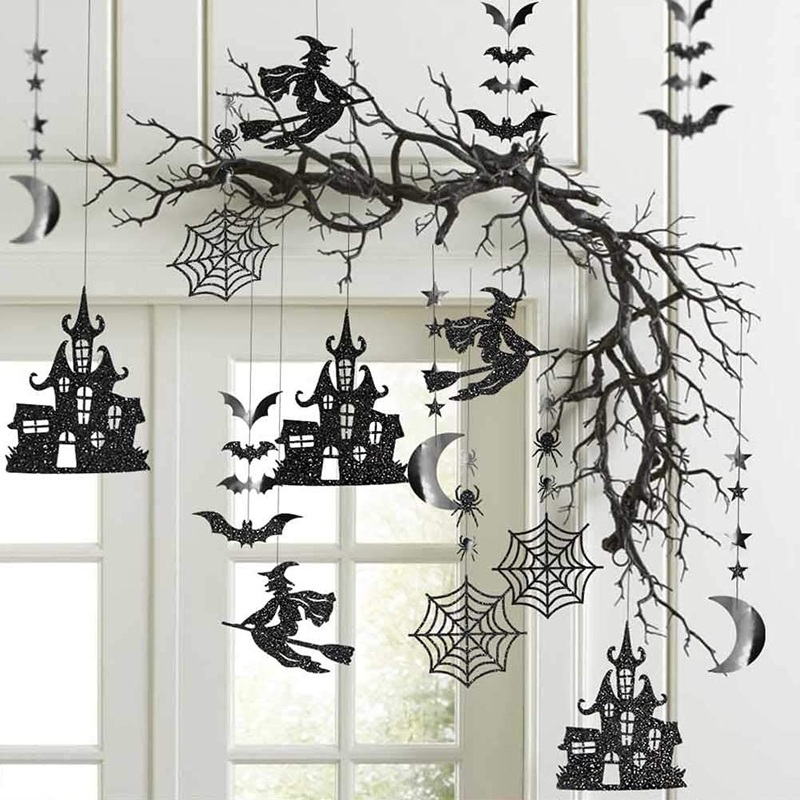 15pcs Glitter Black Halloween Party Garland Kit  Hanging Witch Bat Spider
