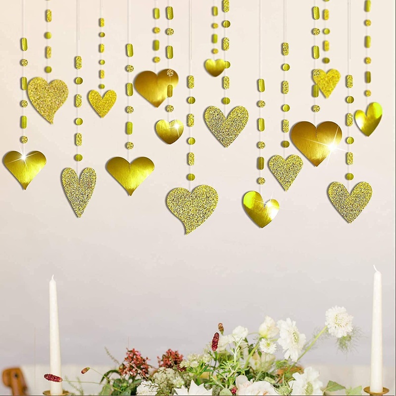 16pcs Glitter Gold Heart Garland Decorations Hanging Heart Streamer