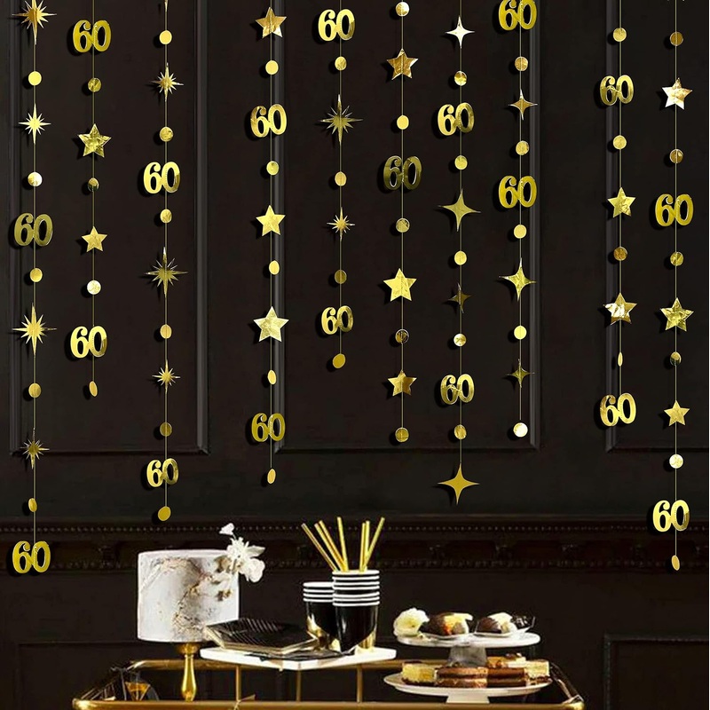 60th Birthday Garland with Number 60, Dots and Stars in Gold