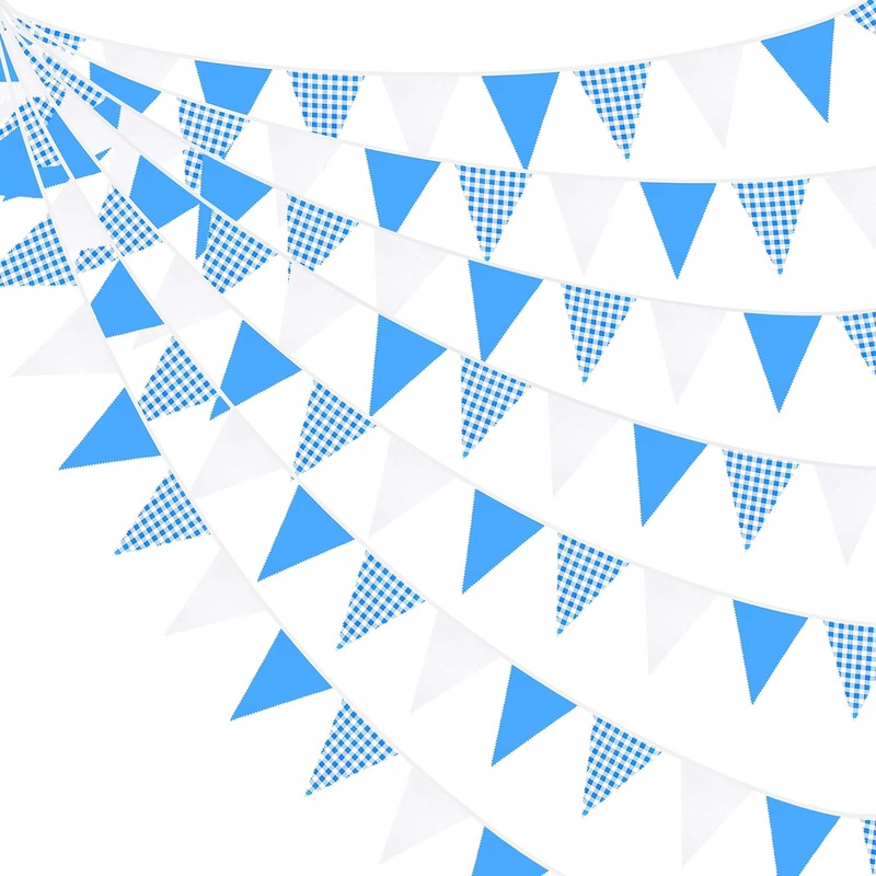 Blue Party Decorations Flag Banner in Blue, Gingham & White (32Ft)