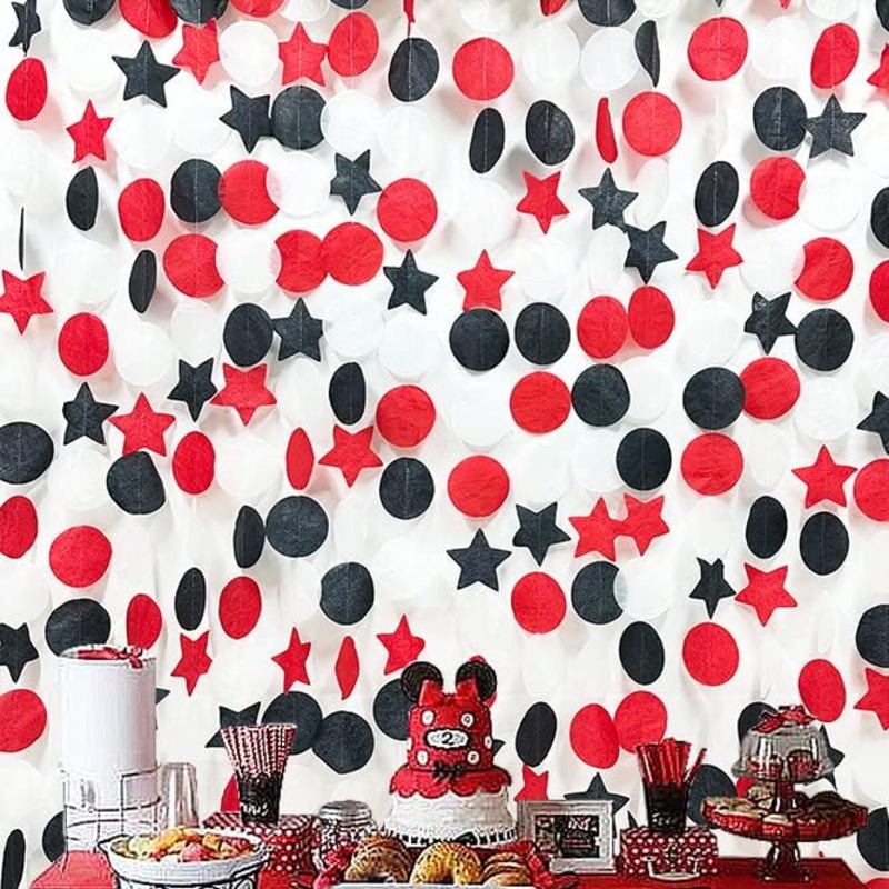 Casino Party Big Star Circle Dots Garland in Red, Black & White (173Ft)