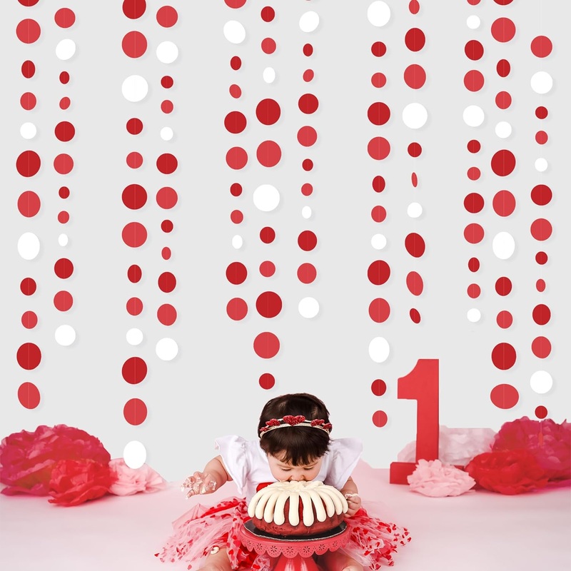 Girl's Birthday Party Polka Dot Garland in Gradient Red & White (46Ft)