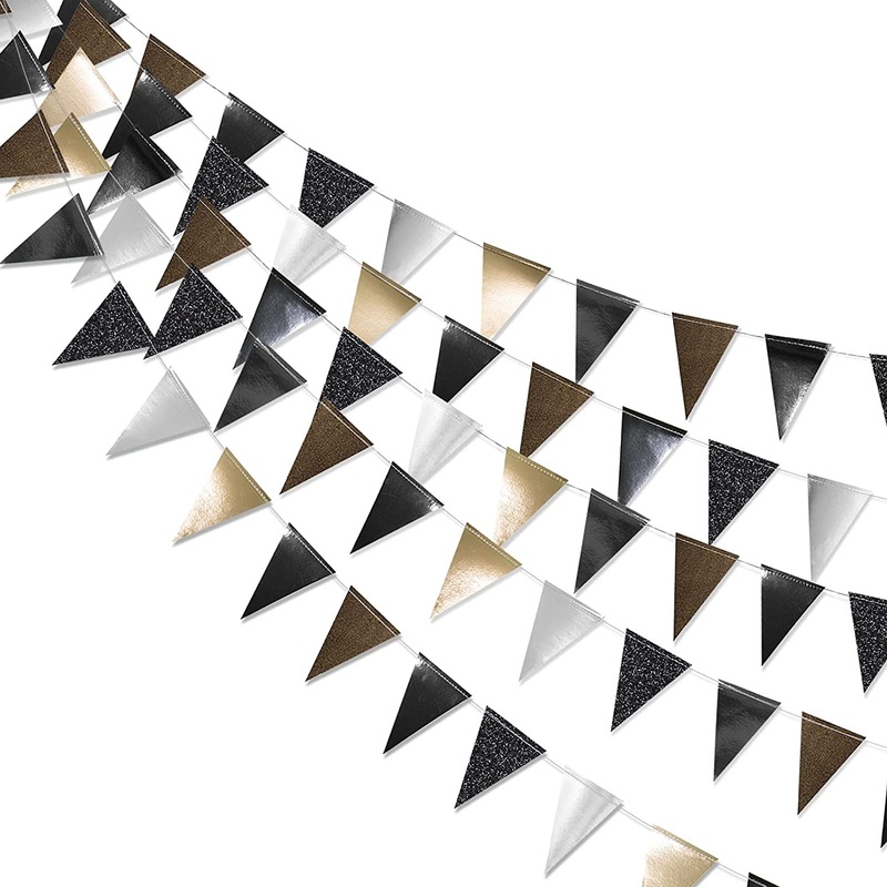 Glitter Bunting Flag Banners Set in Gold, White, Brown and Black (4pcs)