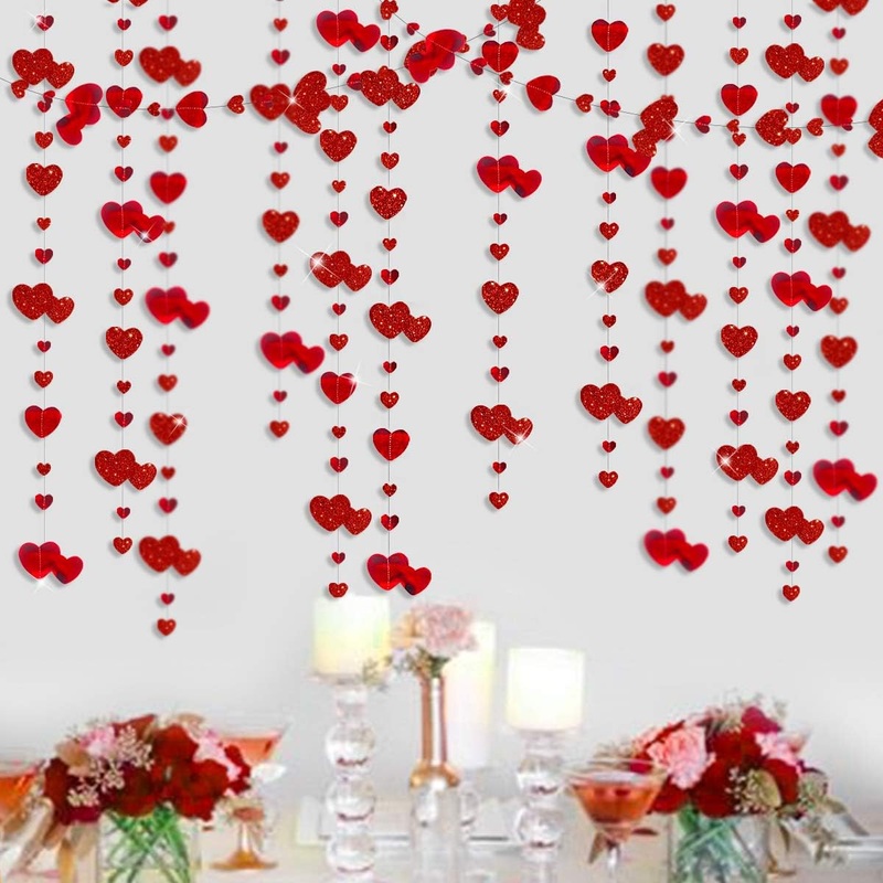 Glitter Red Heart Garland Hanging Heart Streamer (52Ft)