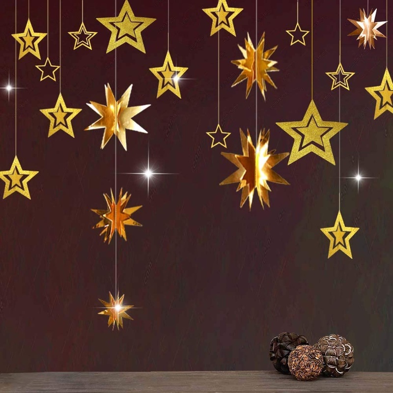 Gold Star Glitter 3D Hanging Star Garland