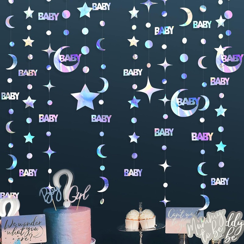 Iridescent Garland with 'Baby', Star, Moon & Circle Dot (75FT)