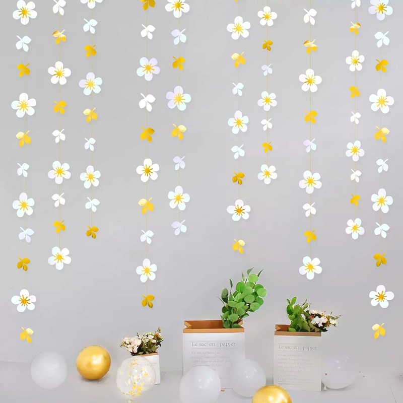 Iridescent Hanging Garland with White Flowers & Green Leaves (52Ft)