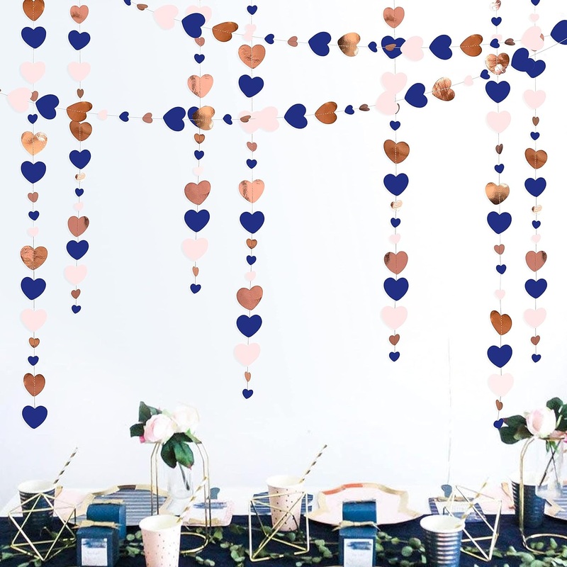 Navy Blue, Pink and Rose Gold Love Heart Garland (52Ft)