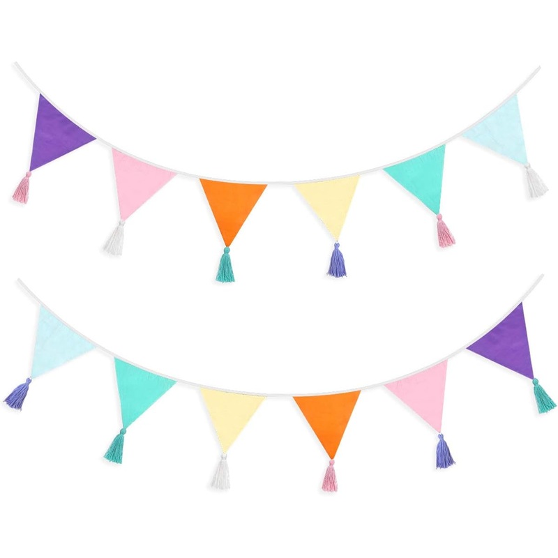 Pastel Birthday Fabric Triangle Flags Banner with Tassels (13Ft)