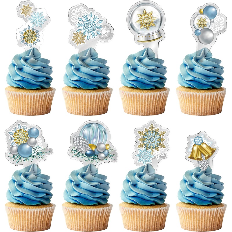 Snowflakes Cupcake Toppers Set in Gold, Blue and White (32pc)