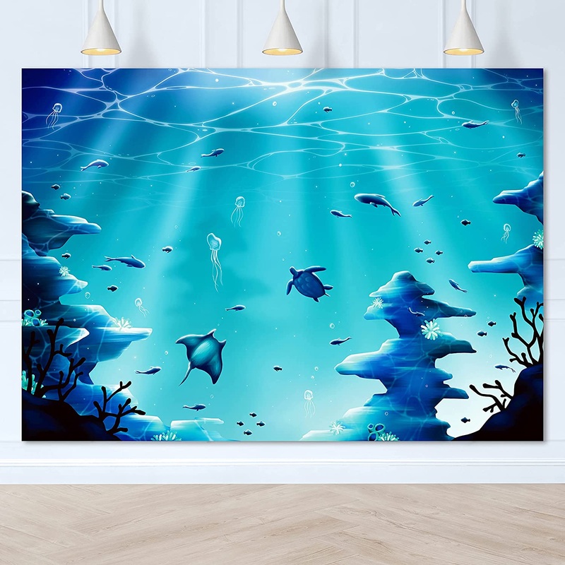 Under The Sea Backdrop for Ocean Party Decoration 5x7 ft Blue Fabric
